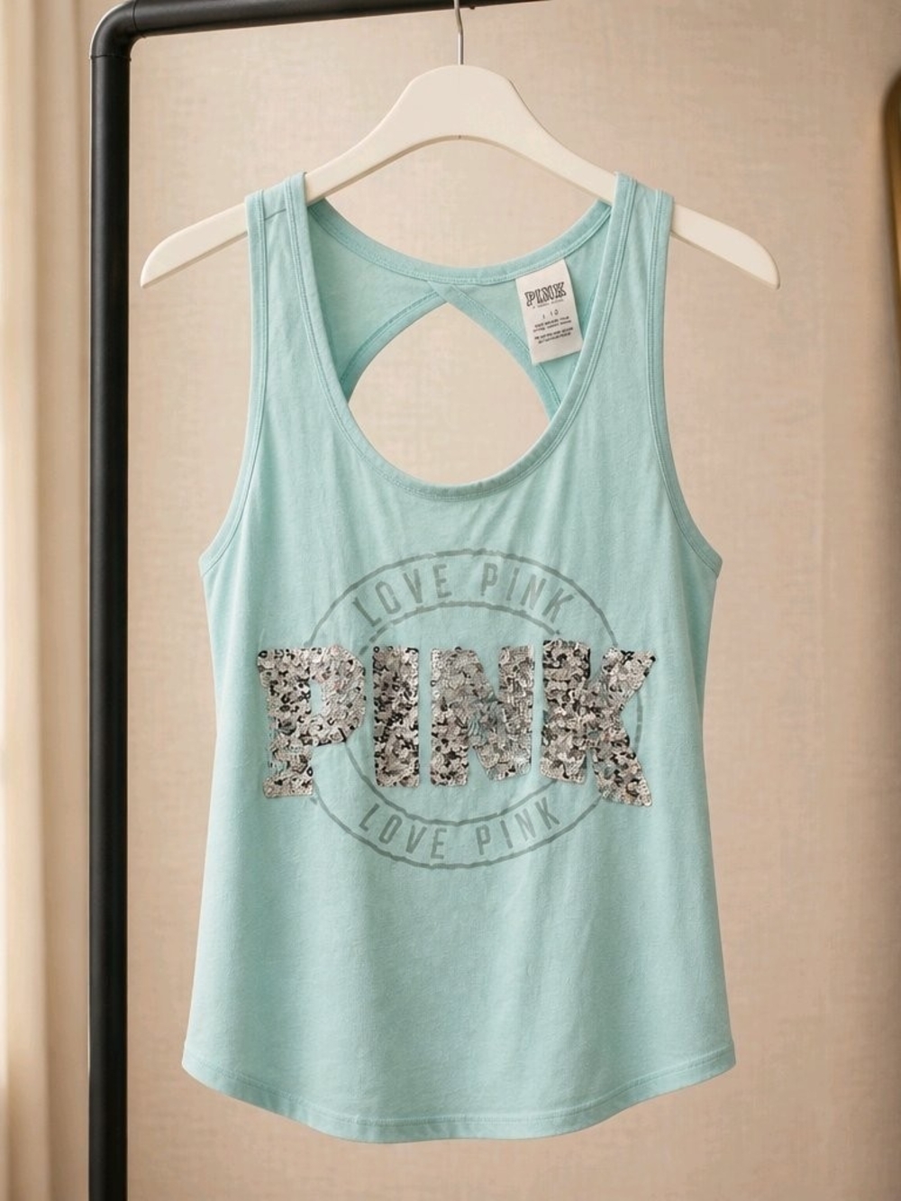 PINK Victoria's Secret Mint Green Sequin Logo Tank Top